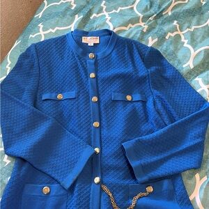 St. John Royal Blue Textured Blazer with Gold Accents and Pull On Pant (KnitSet)